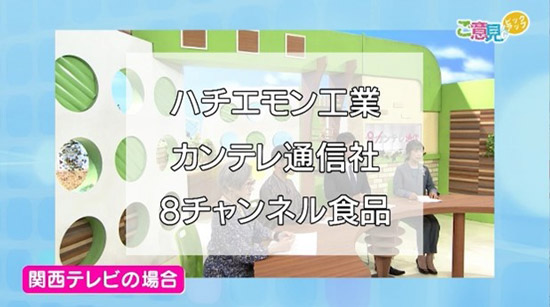 ハチエモン工業、カンテレ通信社、8チャンネル食品（関西テレビの場合）